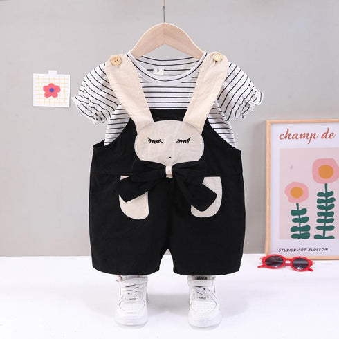 Casual Suspenders Two Piece Round Neck Striped Short Sleeve Suit